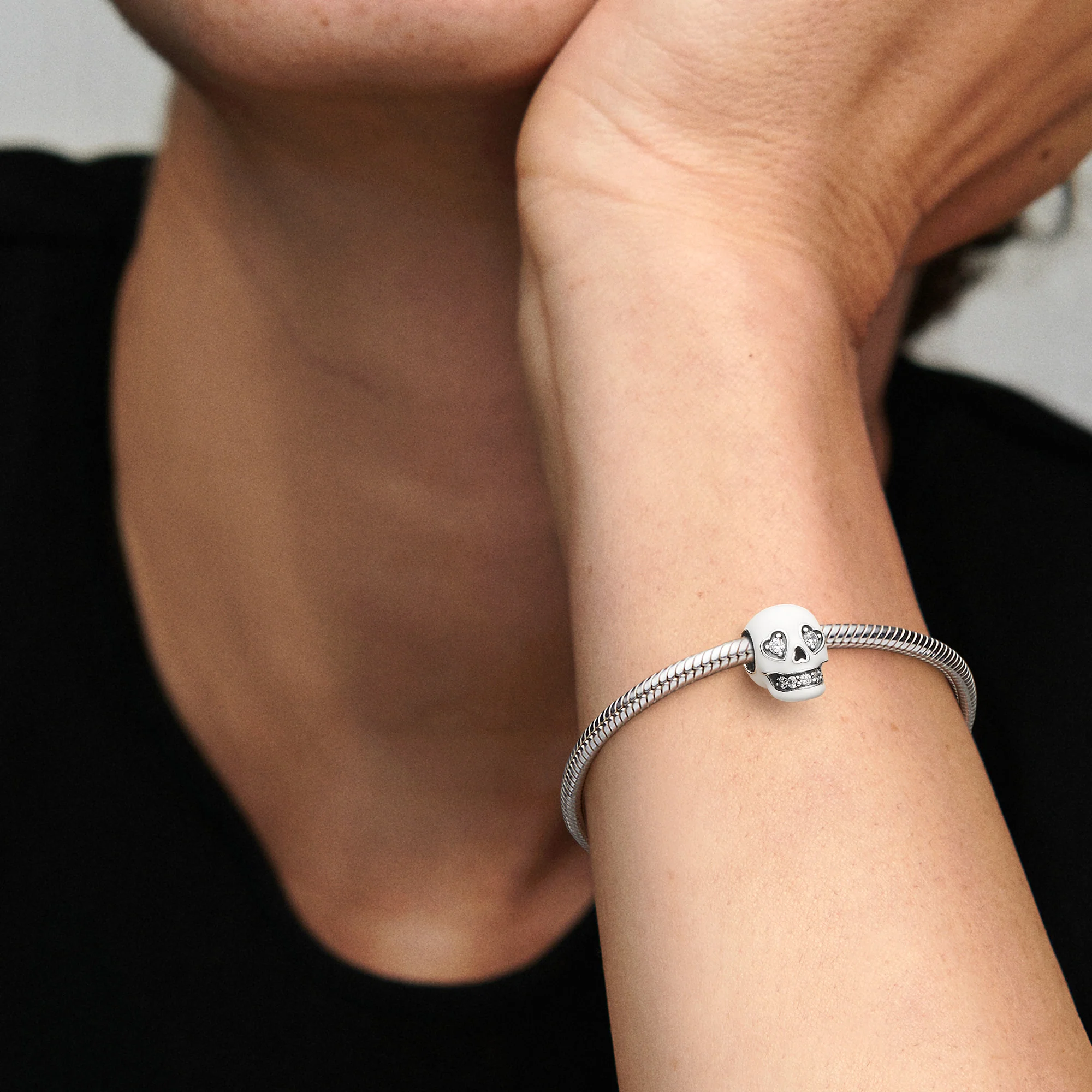 Skull Sterling Silver Charm With Clear Cubic Zirconia And White Glow In The Dark Enamel - Image 5