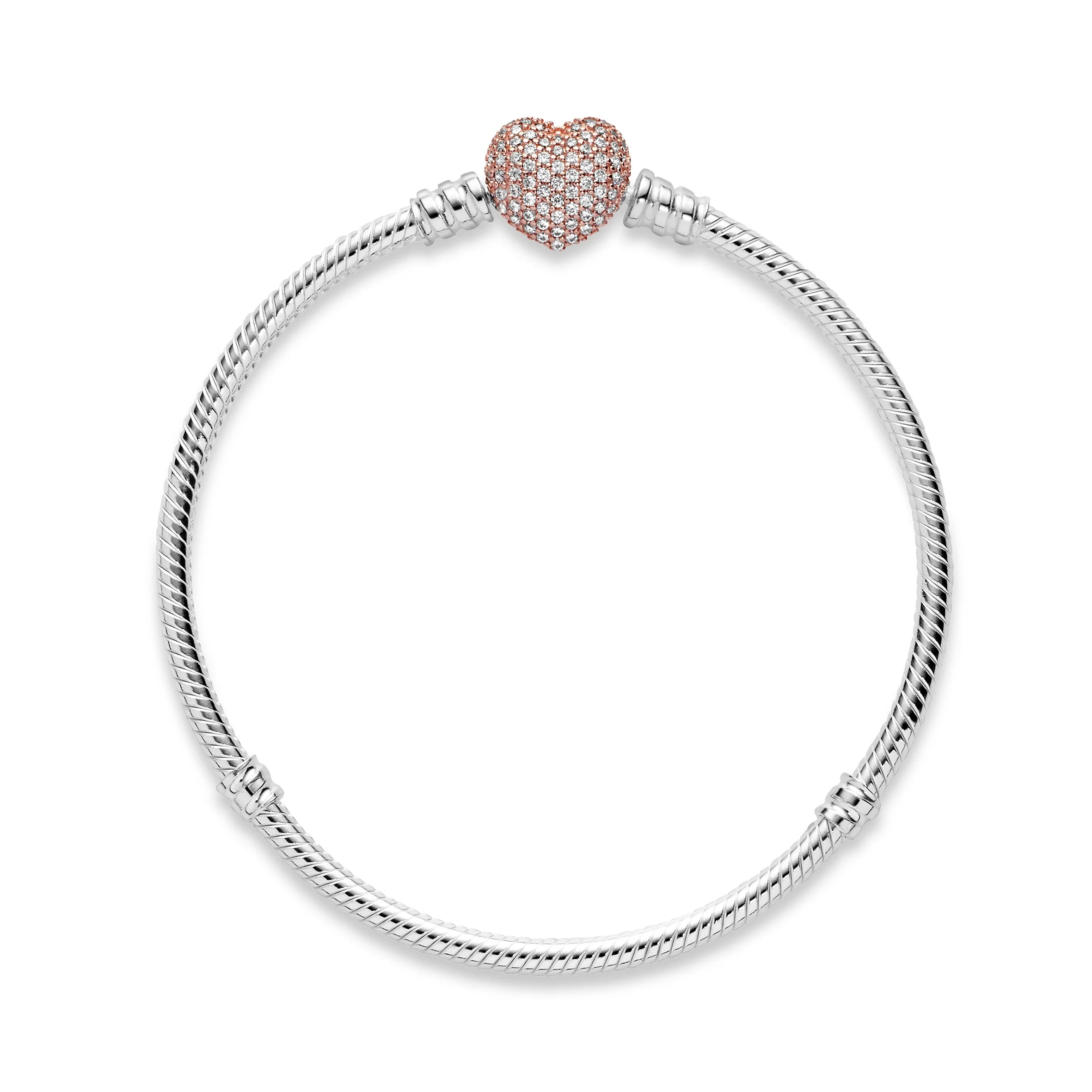 Snake Chain Silver Bracelet With 14K Rose Gold-Plated Heart Clasp And Clear Cubic Zirconia - Image 3