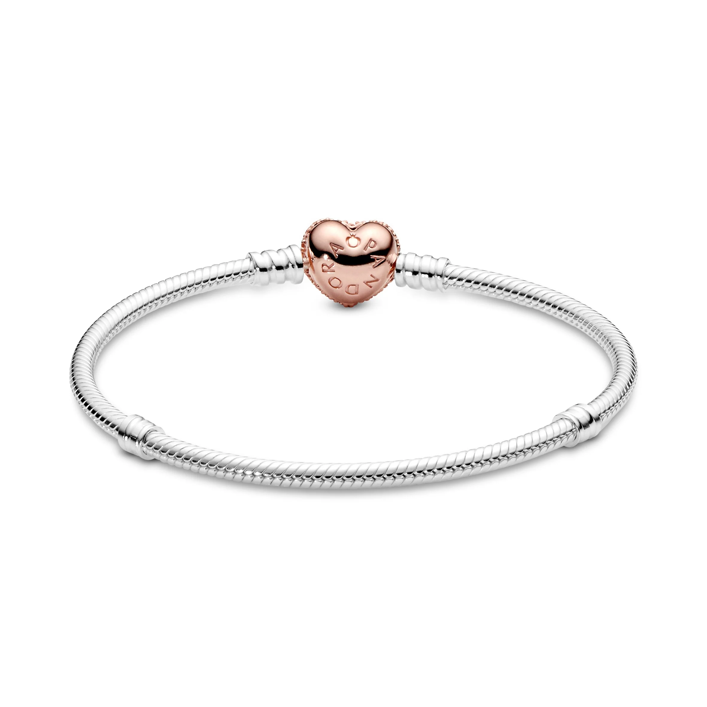 Snake Chain Silver Bracelet With 14K Rose Gold-Plated Heart Clasp And Clear Cubic Zirconia - Image 4