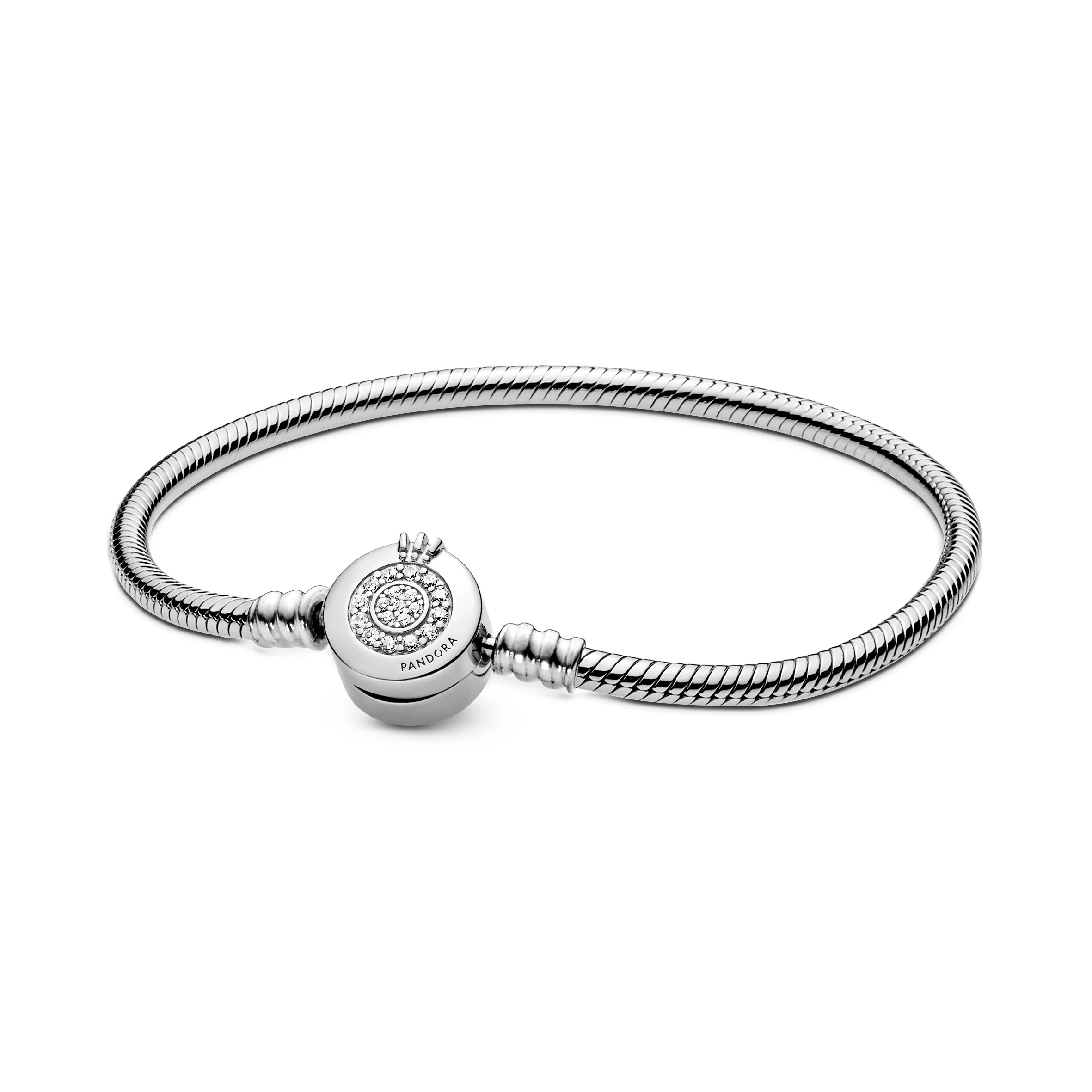Snake Chain Sterling Silver Bracelet And Crown O Clasp With Clear Cubic Zirconia