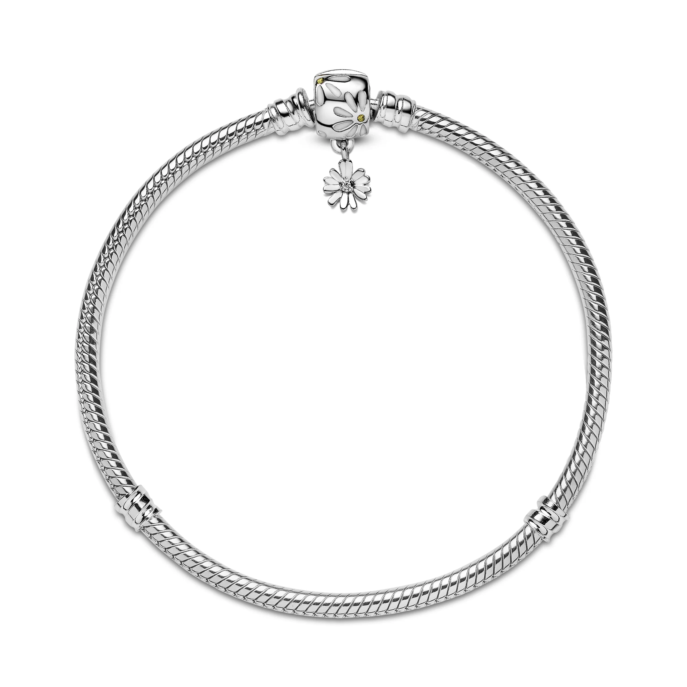 Snake Chain Sterling Silver Bracelet And Daisy Clasp With Yellow Crystal, Clear Cubic Zirconia And White Enamel - Image 5