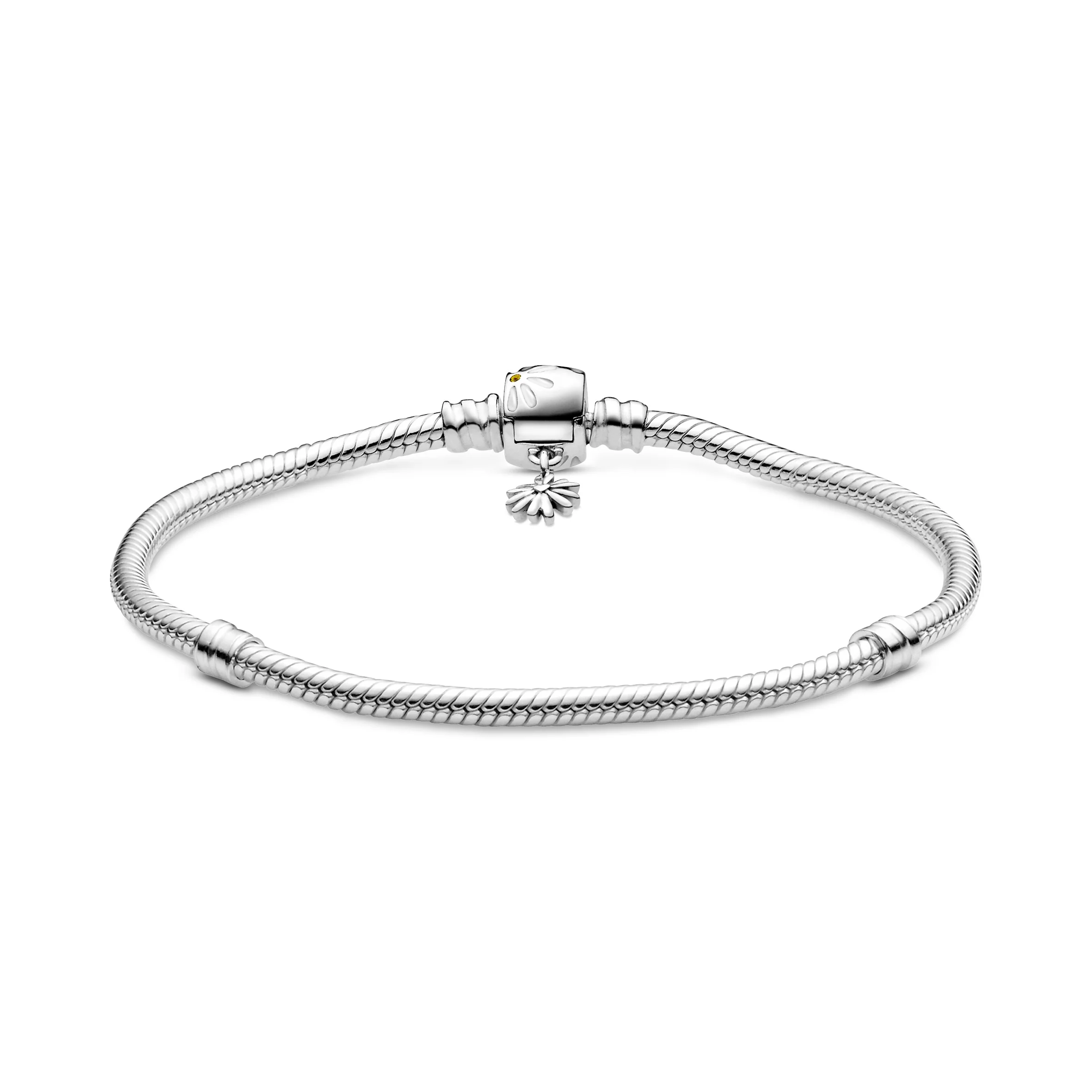 Snake Chain Sterling Silver Bracelet And Daisy Clasp With Yellow Crystal, Clear Cubic Zirconia And White Enamel - Image 7