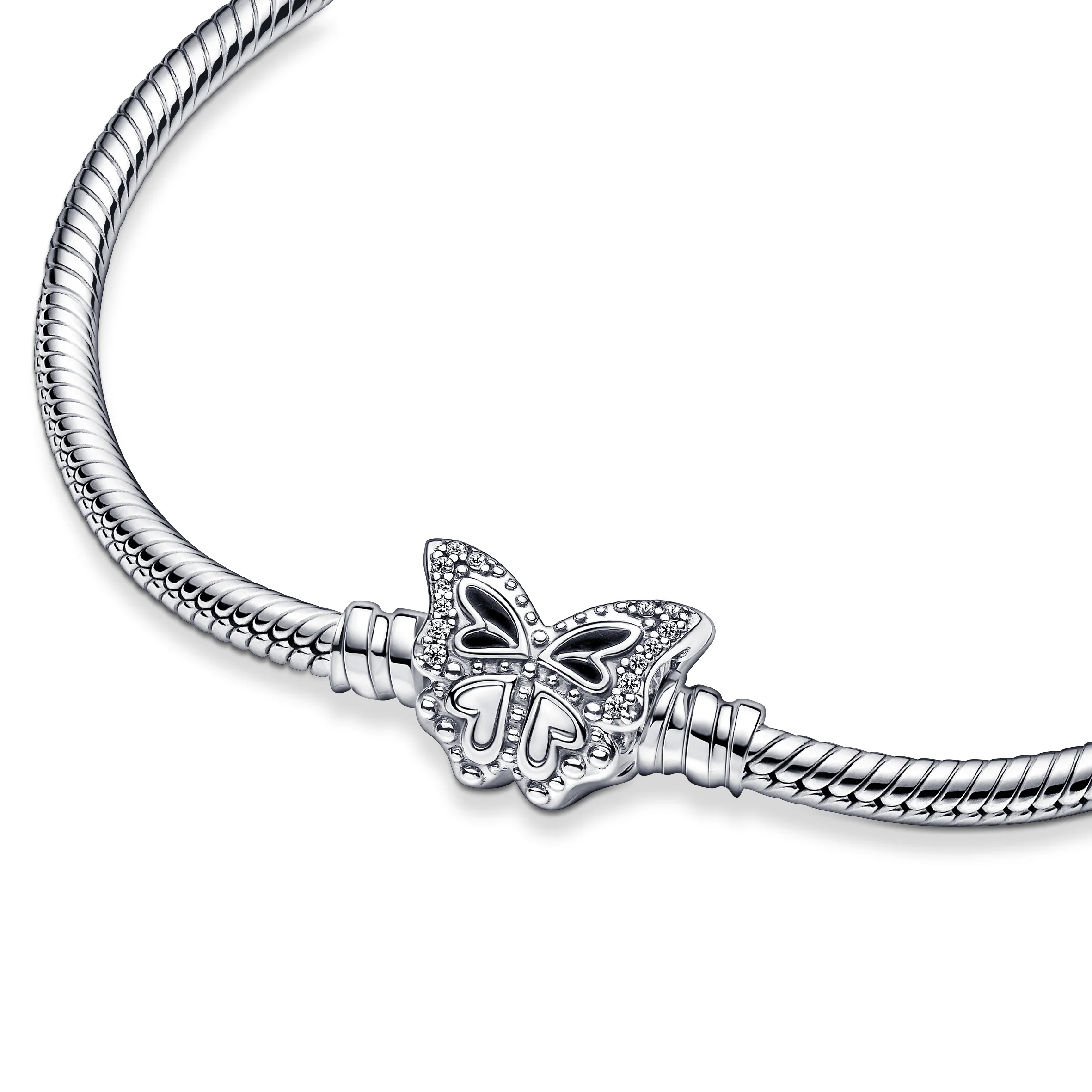 Snake Chain Sterling Silver Bracelet With Butterfly Clasp With Clear Cubic Zirconia - Image 2
