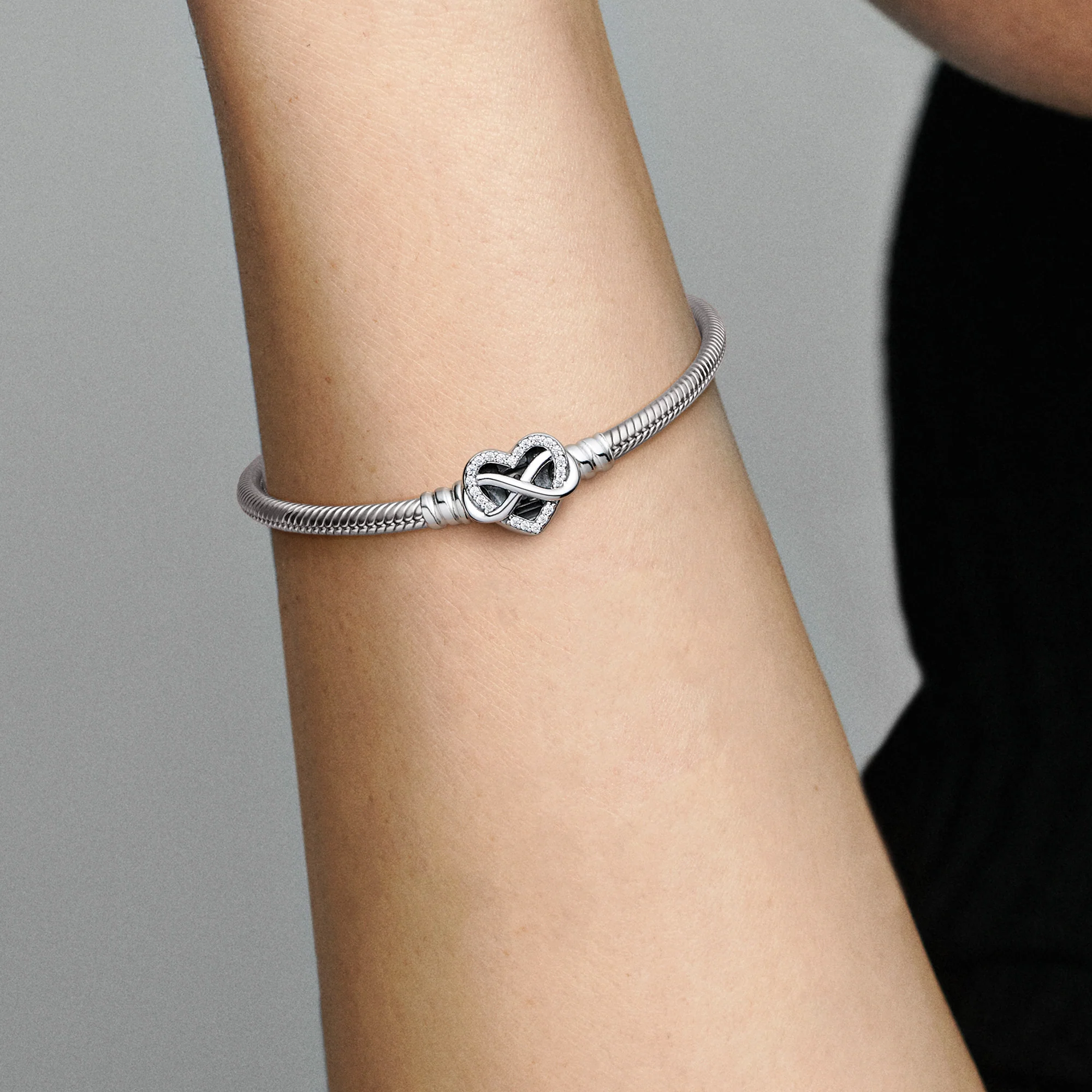 Snake Chain Sterling Silver Bracelet With Infinity Heart Clasp With Clear Cubic Zirconia - Image 2