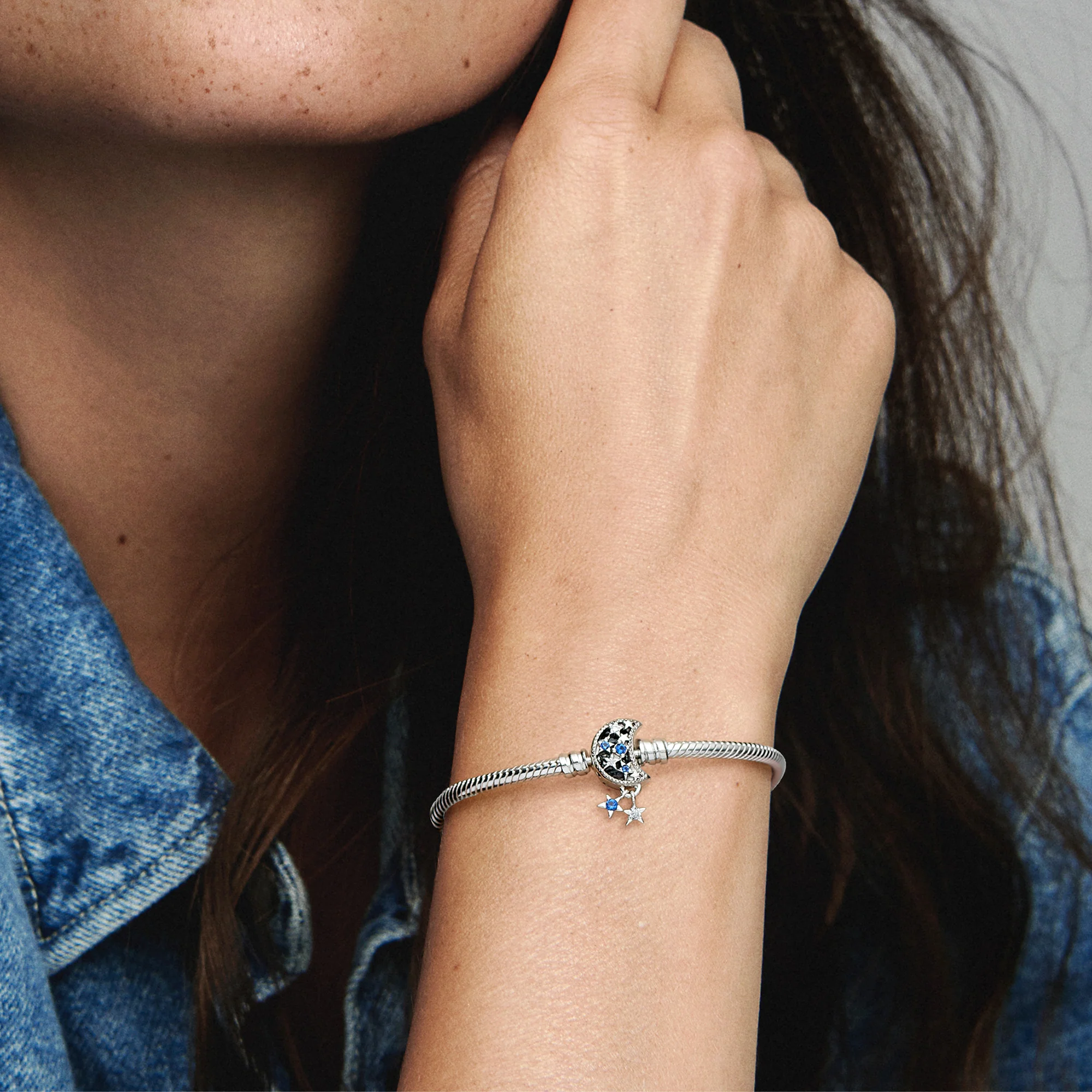 Snake Chain Sterling Silver Bracelet With Moon Clasp With Stellar Blue Crystal And Clear Cubic Zirconia - Image 2