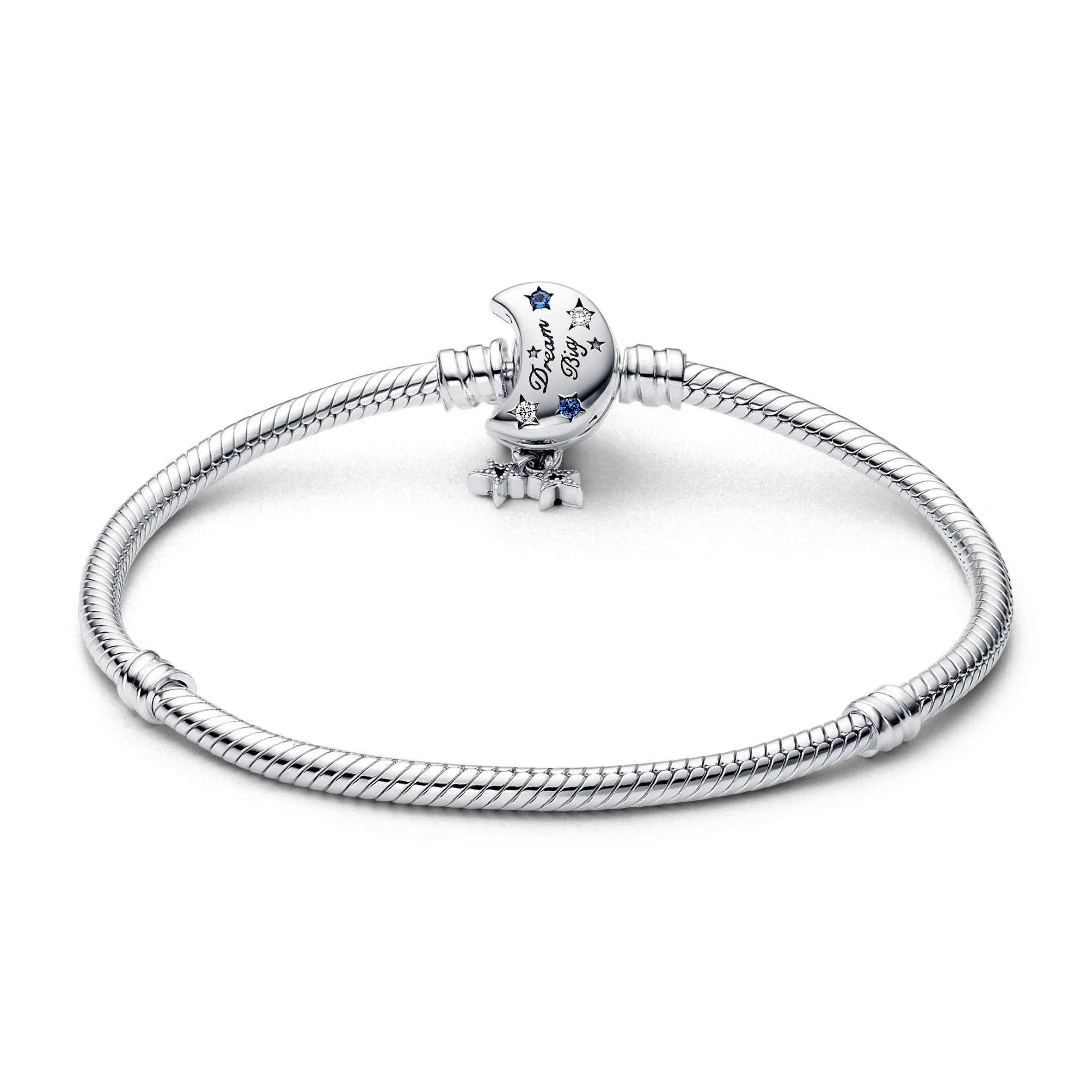Snake Chain Sterling Silver Bracelet With Moon Clasp With Stellar Blue Crystal And Clear Cubic Zirconia - Image 4