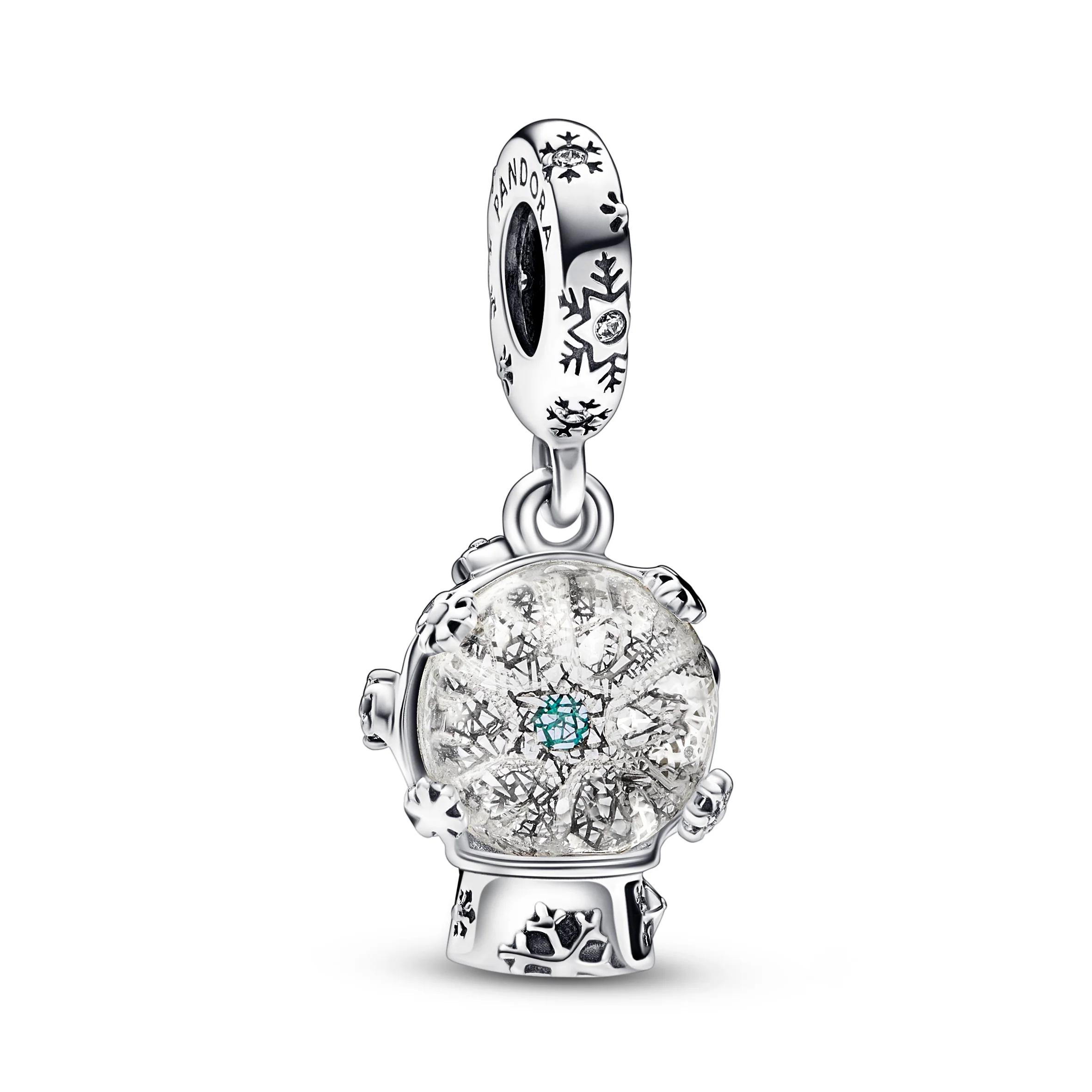 Snowglobe Sterling Silver Dangle With Clear And Teal Cubic Zirconia And Clear Glitter Murano Glass