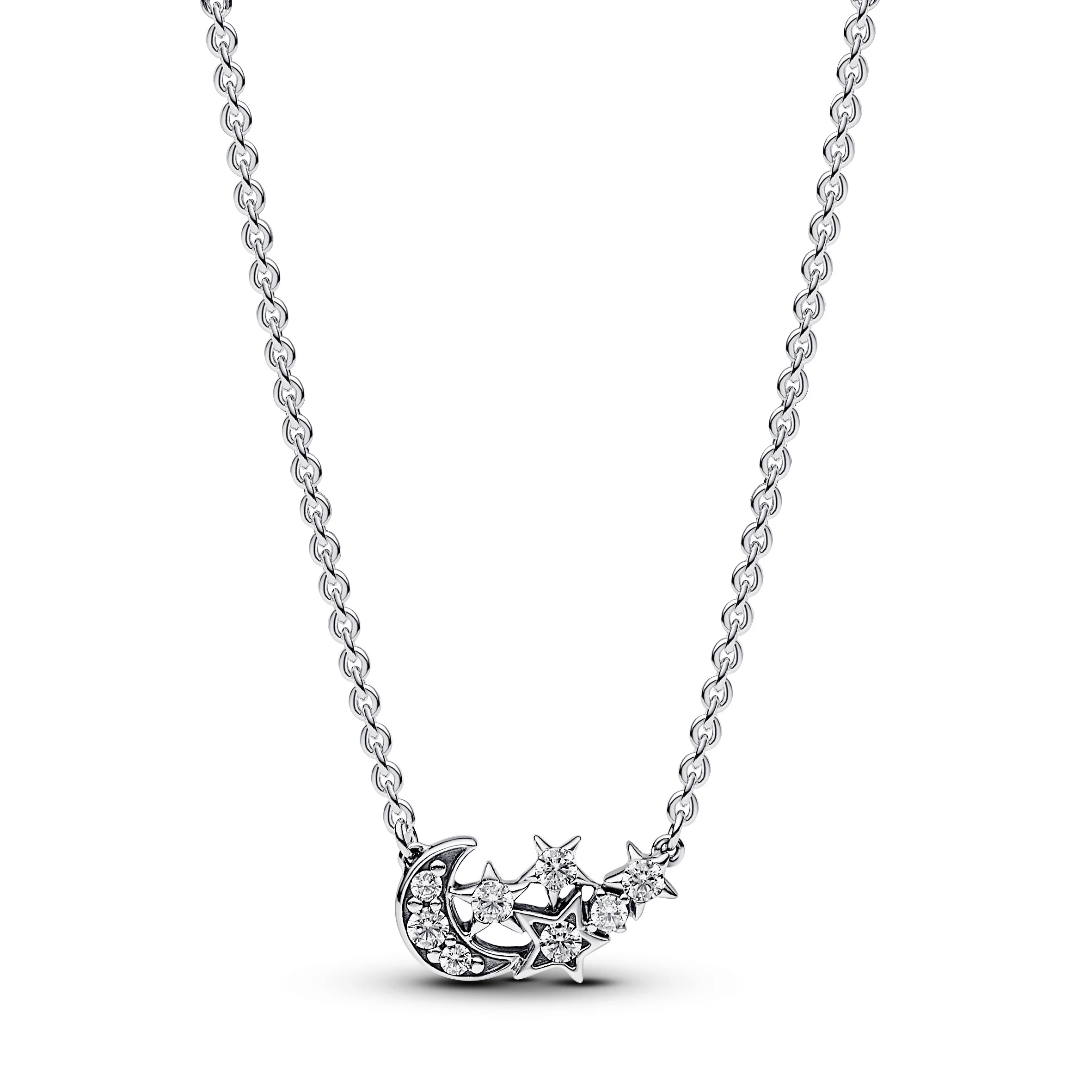 Stars And Moon Sterling Silver Collier With Clear Cubic Zirconia