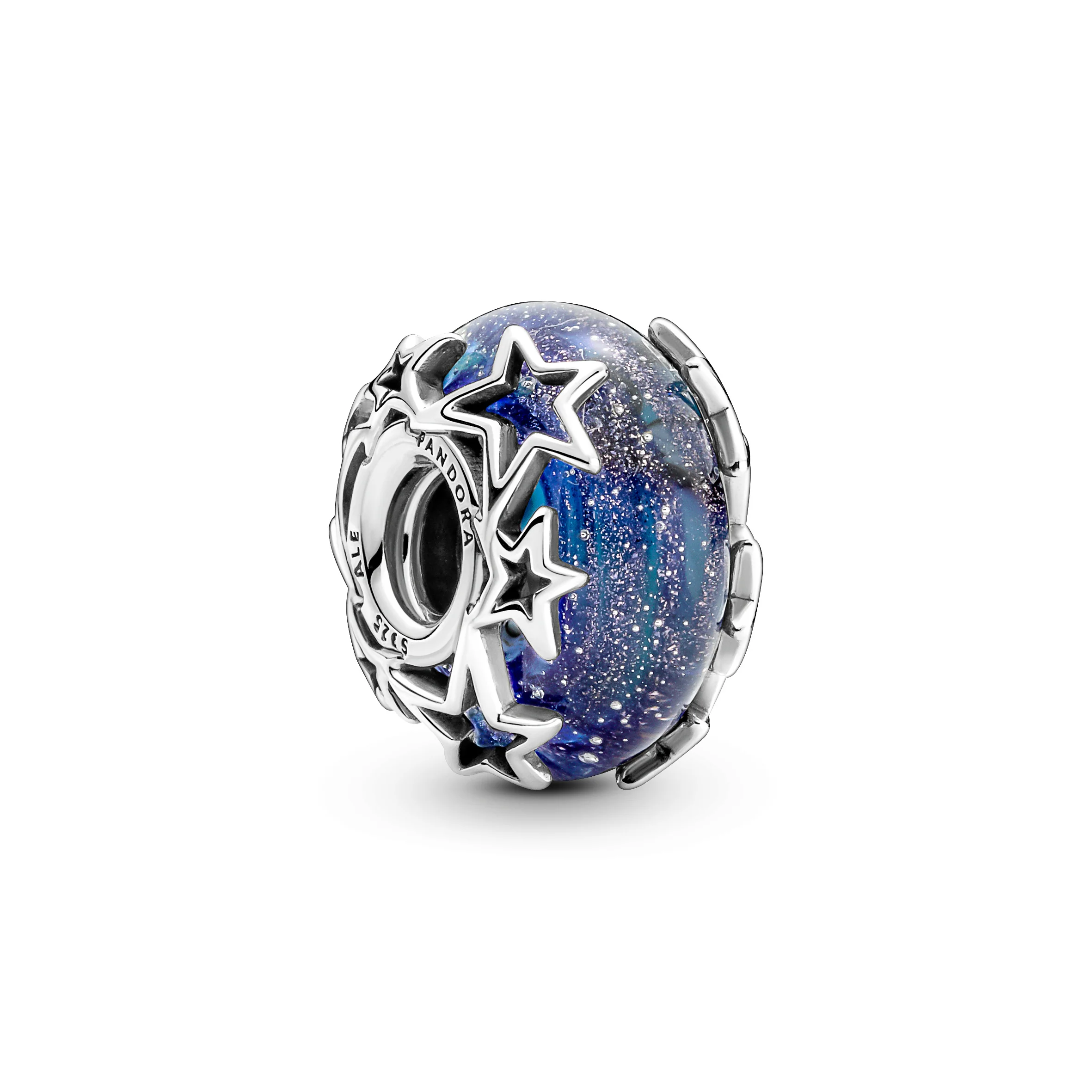 Sterling Silver Charm With Galaxy Glittery Blue Murano Glass