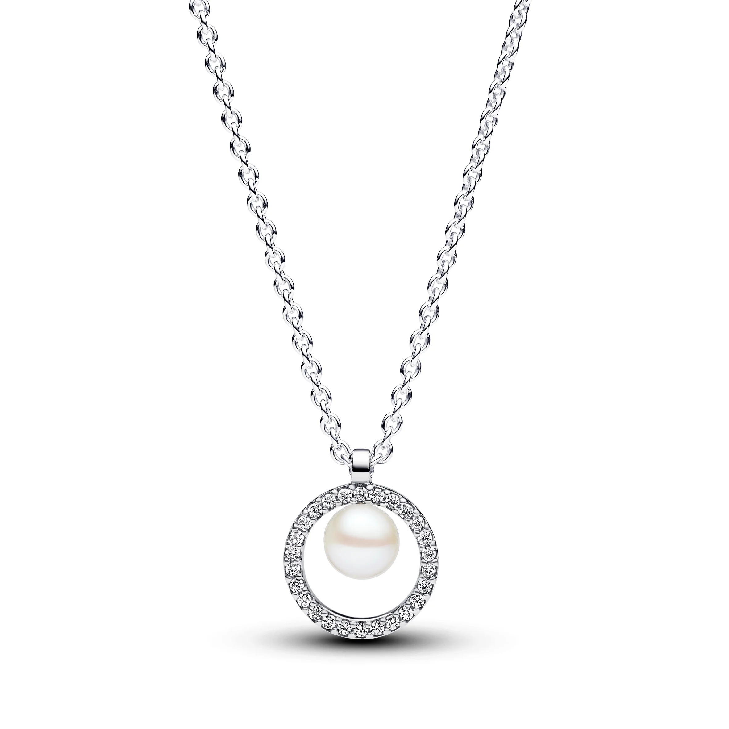 Sterling Silver Collier With White Treated Freshwater Cultured Pearl And Clear Cubic Zirconia