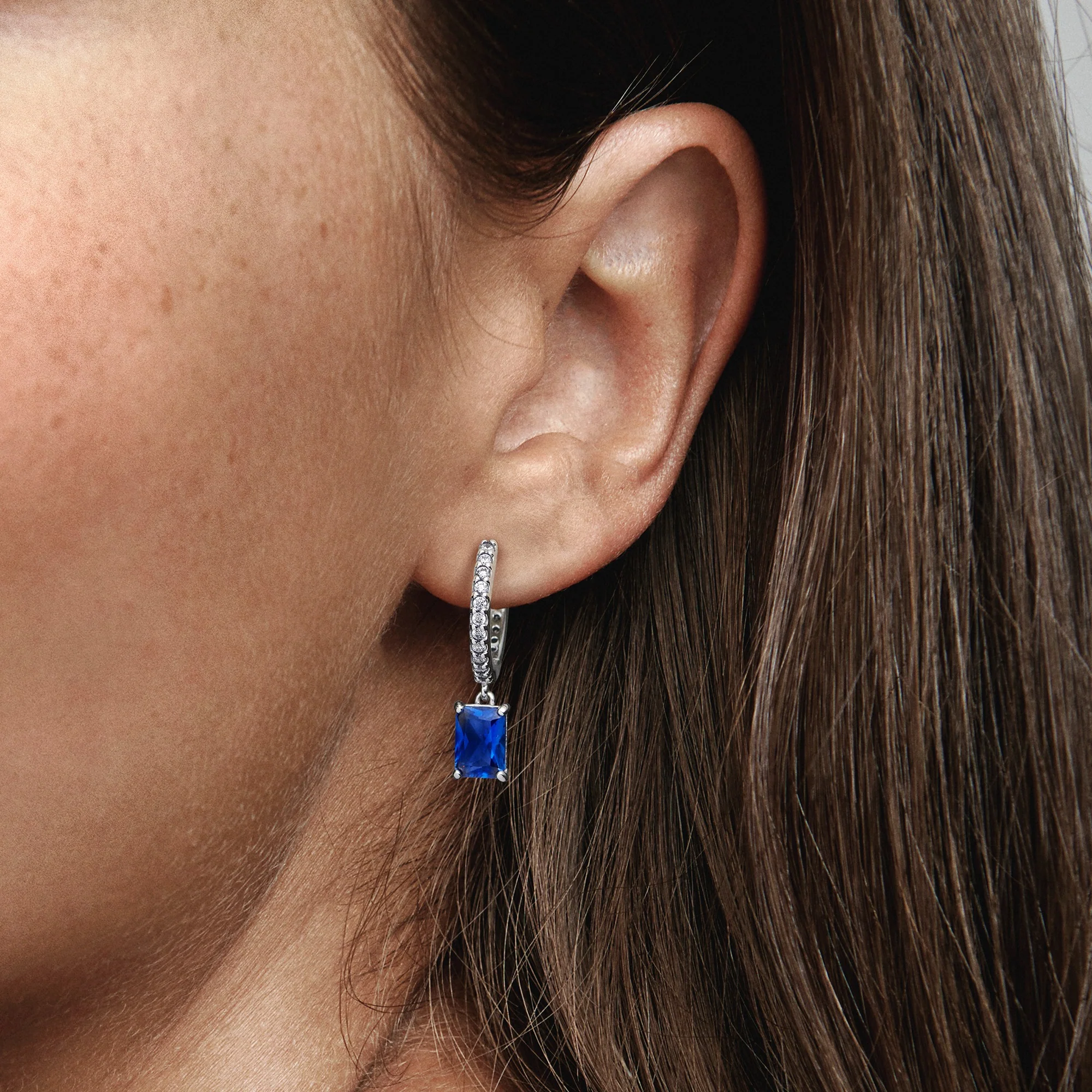Sterling Silver Hoop Earrings With Princess Blue Crystal And Clear Cubic Zirconia - Image 3