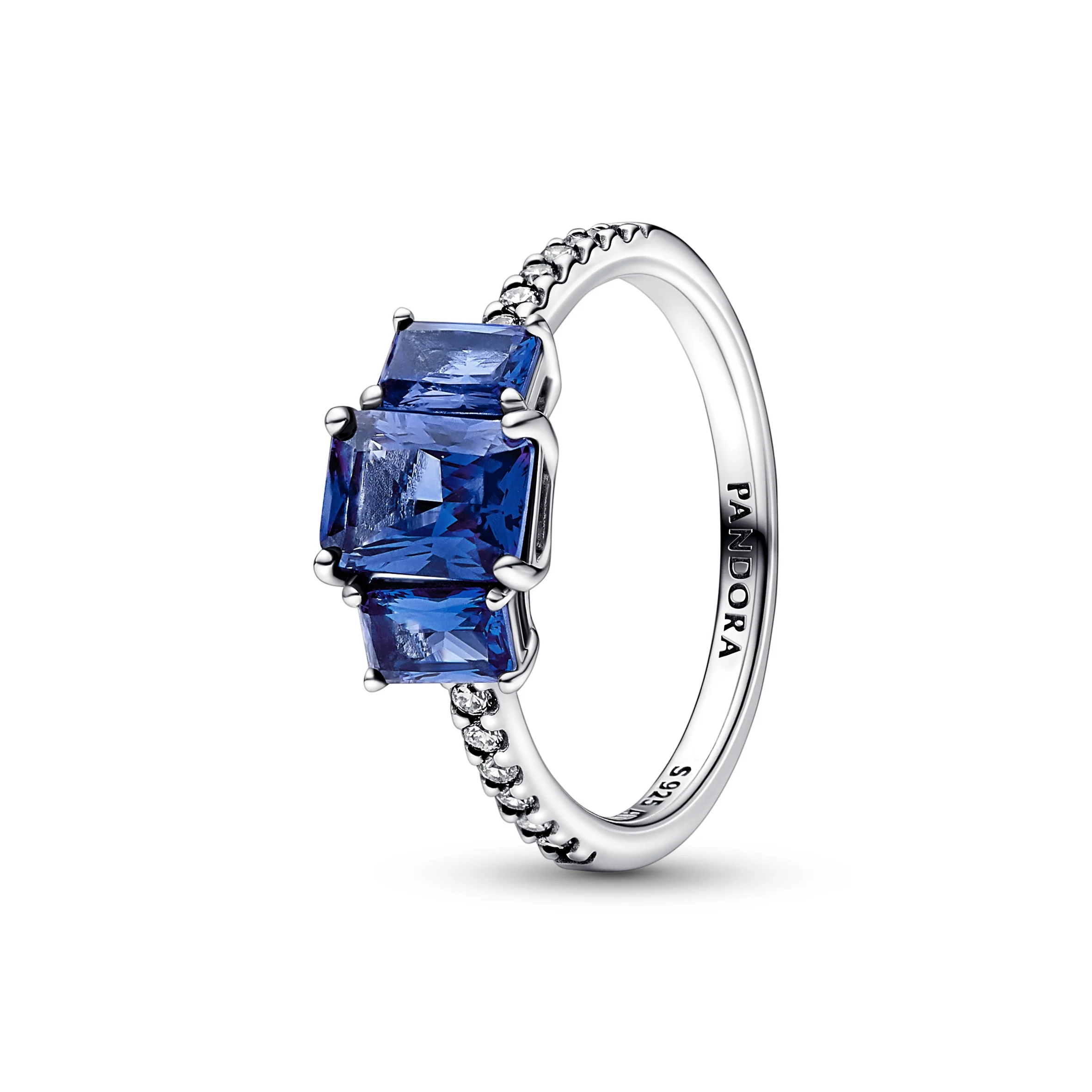 Sterling Silver Ring With Princess Blue Crystal And Clear Cubic Zirconia