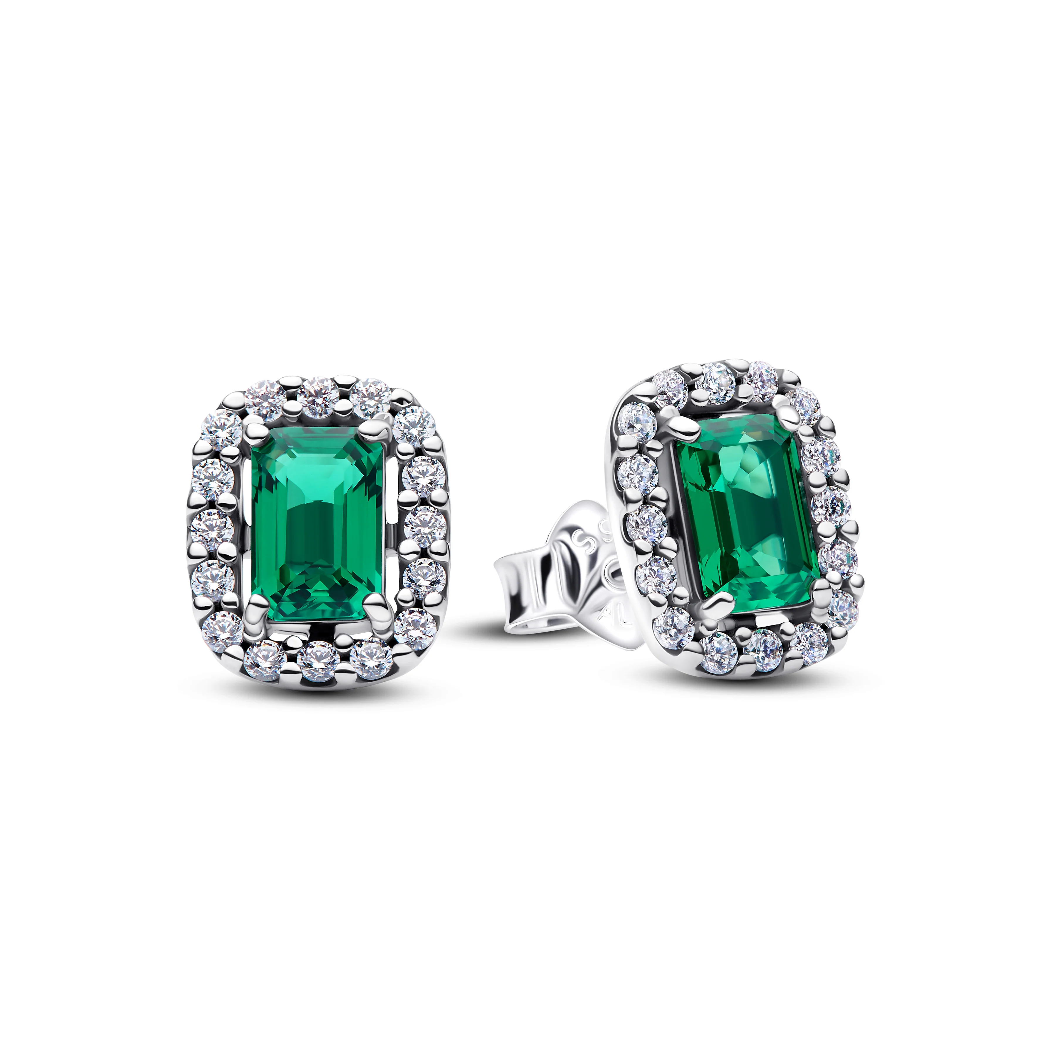 Sterling Silver Stud Earrings With Royal Green Crystal And Clear Cubic Zirconia