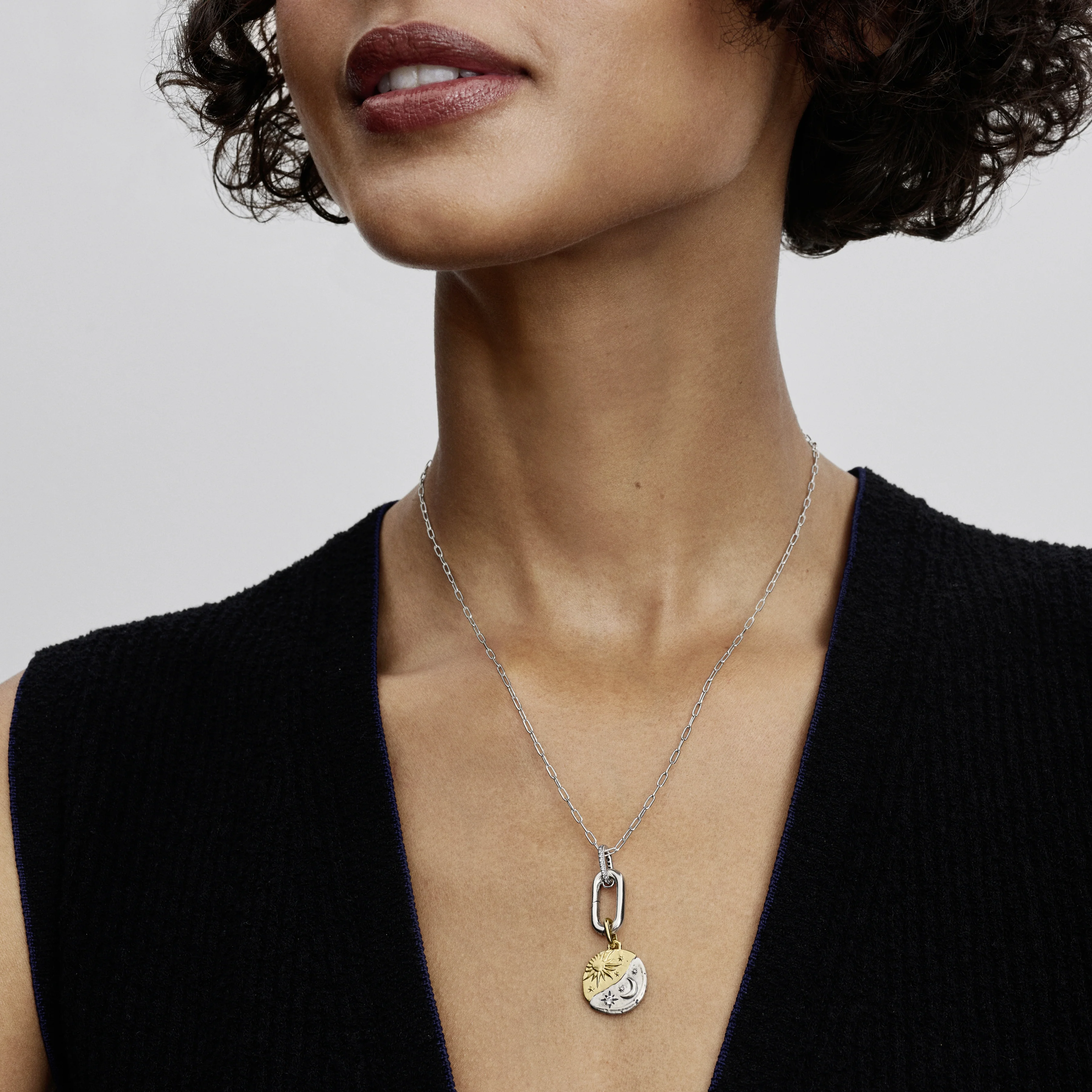 Sun And Moon Sterling Silver And 14K Gold-Plated Medallion With Clear Cubic Zirconia - Image 2