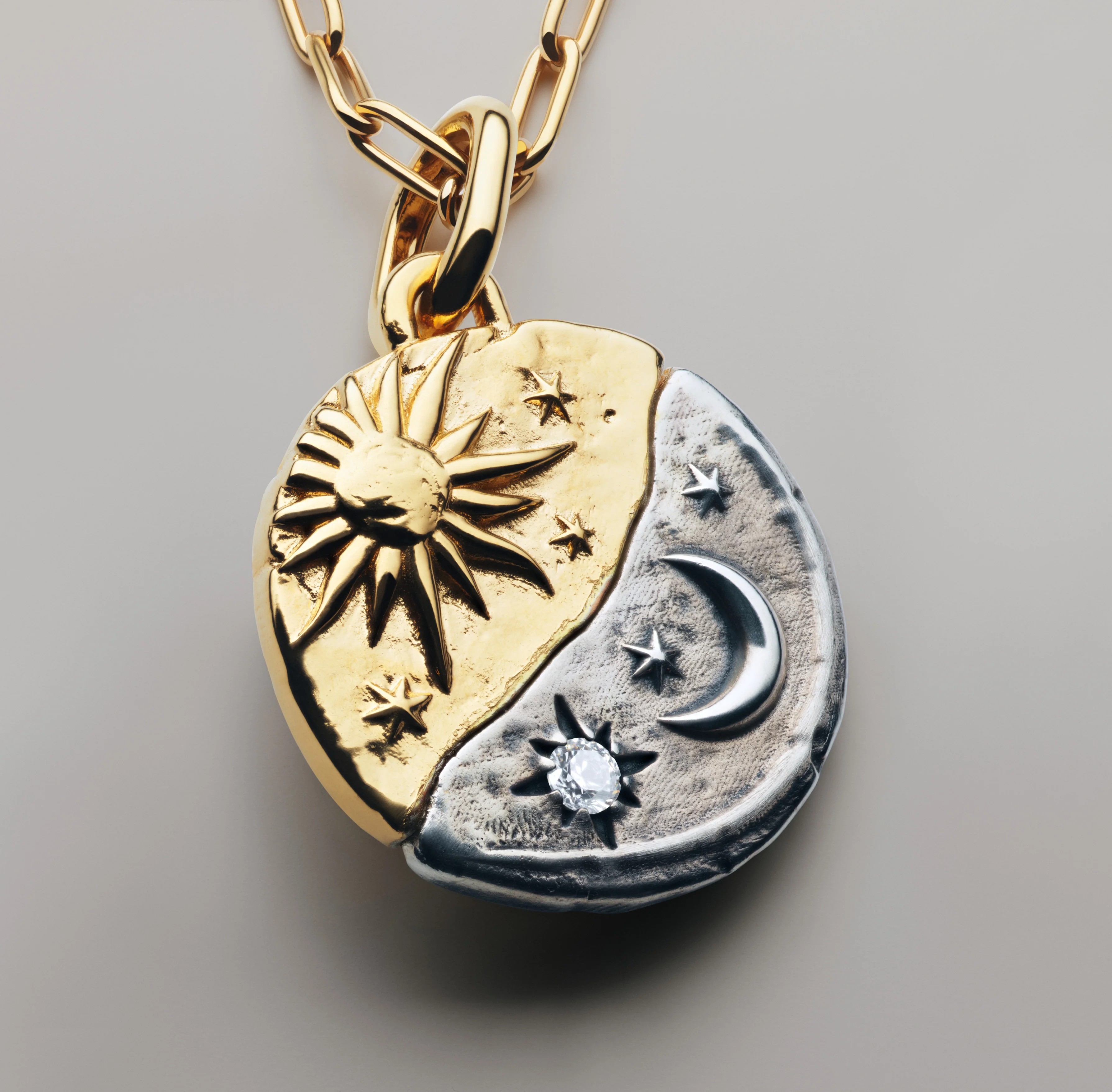 Sun And Moon Sterling Silver And 14K Gold-Plated Medallion With Clear Cubic Zirconia - Image 3