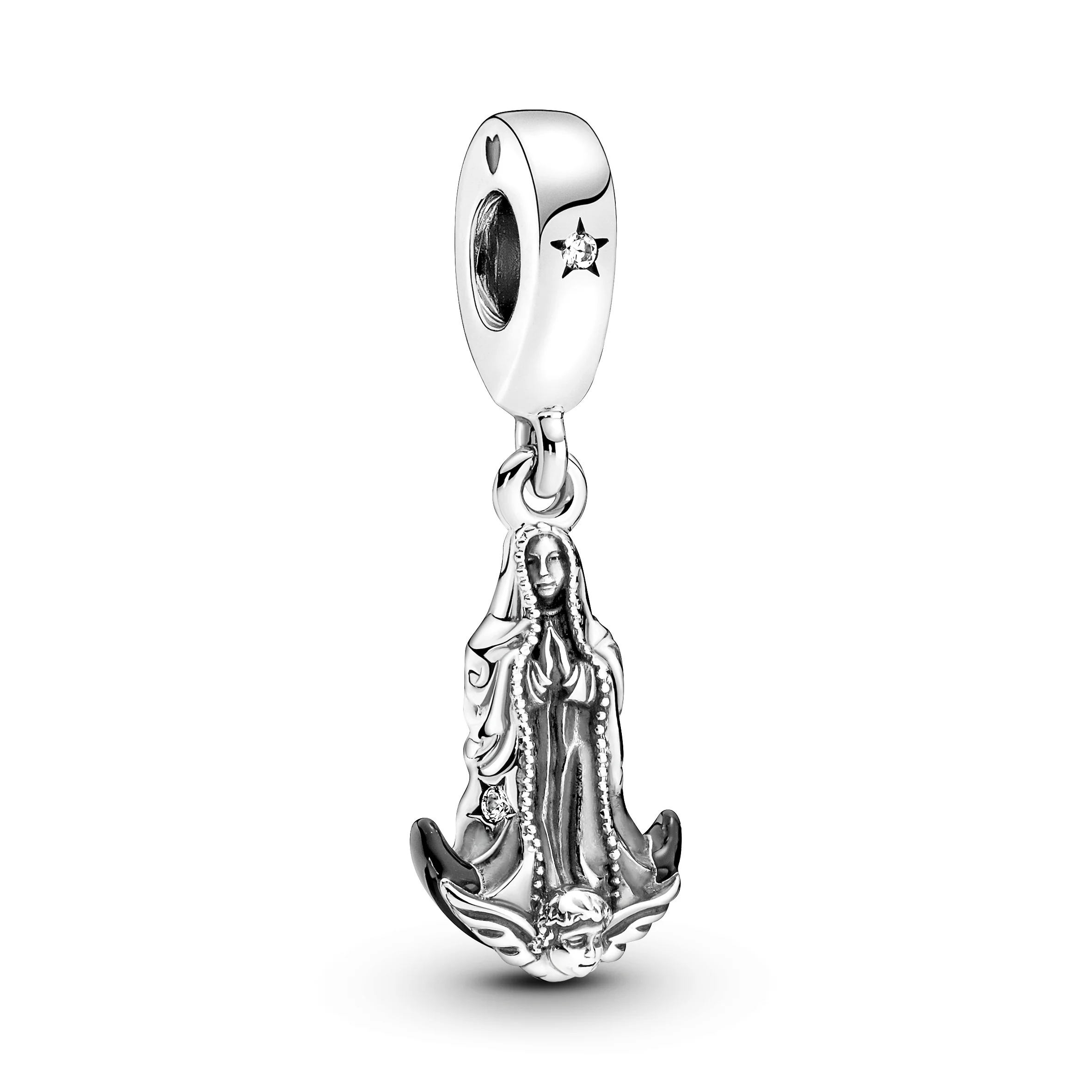 Virgin Of Guadalupe Sterling Silver Dangle With Clear Cubic Zirconia And Black Enamel